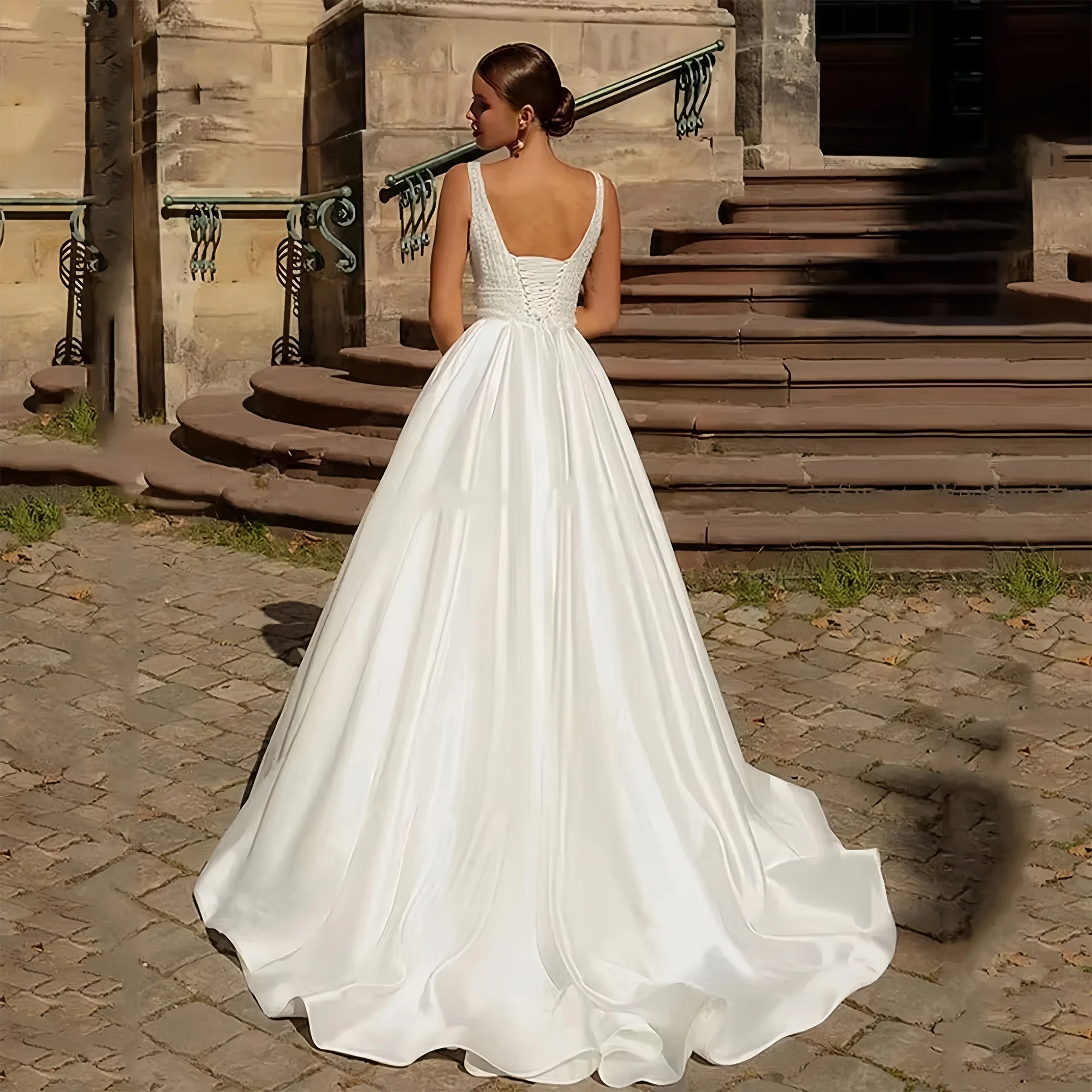 JEHETH Abiti da sposa eleganti con scollo a V senza maniche Tulle sexy A-Line Abiti da sposa Ball Mopping Lunghezza Abiti da sposa Personalizzati JEHETH elegante maniche a scollo a V abiti da sposa sexy tullo A-linea a