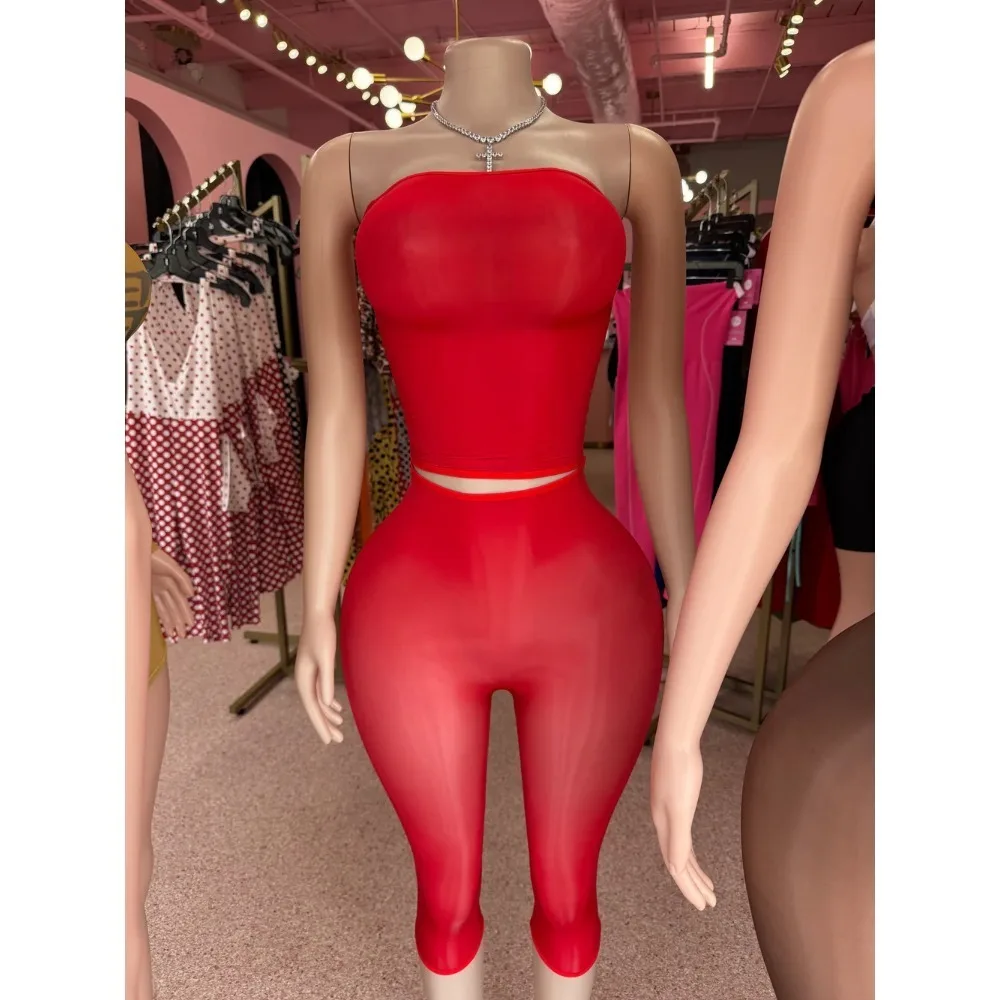 STYLISH LADY See Through Mesh Sexy 2 Piece Set Women Strapless Crop Top and High Waist Capri Pant 2026 Summer Club Party Outfits view 4