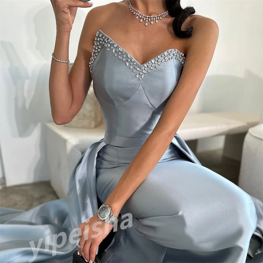 Exquisito vestido de noche de satén con diamantes de imitación para mujer, traje Formal hasta el suelo, escote corazón