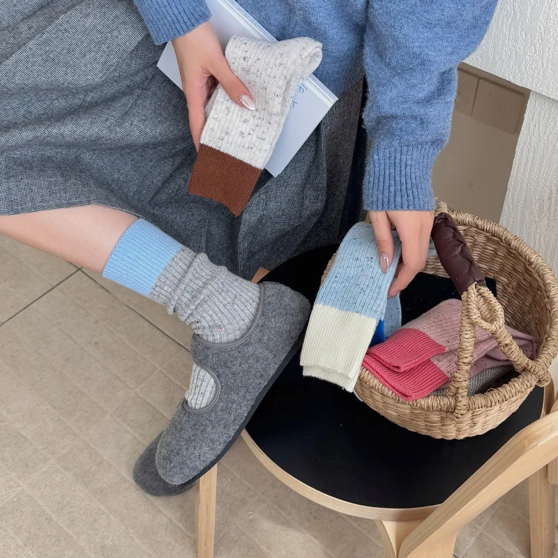 Thick Warm Socks Dots Cute Frilly Casual Fashion Contrasting Socks Long Cotton Soft Comfy Breathable Ladies Winter Autumn Socks