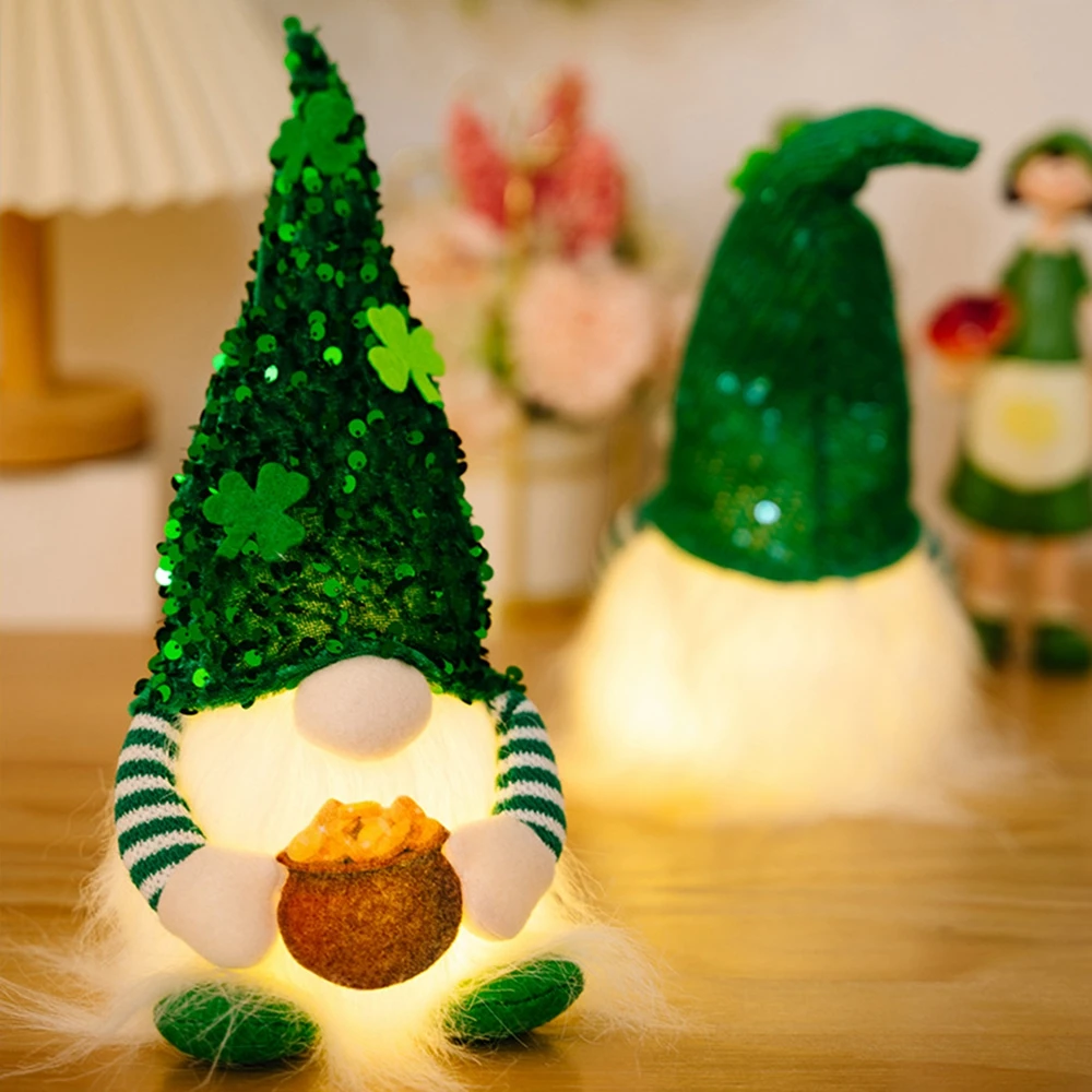 29cm Led Light Up Irish Gnomes Luminous Saint Patrick Green Clover Faceless Doll St Patrick\'s Day Gnome Pendant Home Decoration