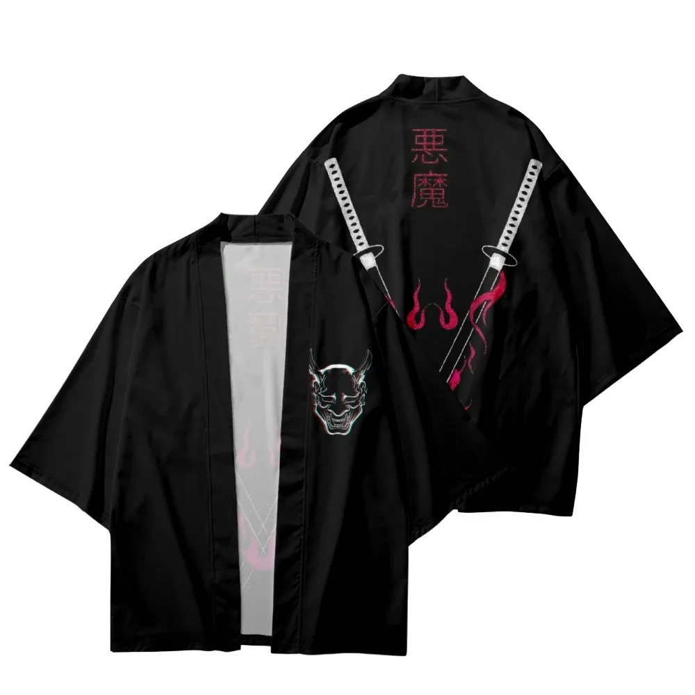 Summer Yukata Streetwear Japanese Black Demon Print Kimono And Shorts Cosplay Men Women Beach Sunscreen Asian Cardigan