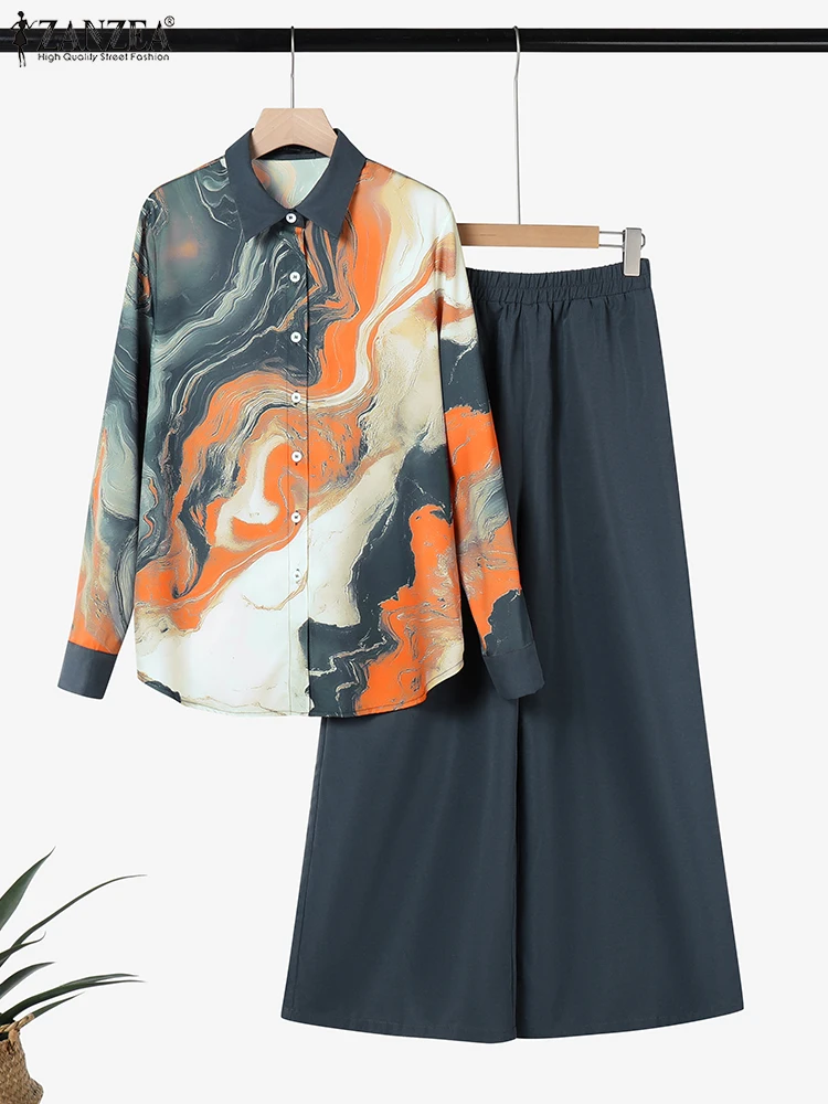 

ZANZEA Модные женские комплекты из двух предметов, рубашка с длинными рукавами и лацканами, широкие брюки, комплекты из 2 предметов, праздничная одежда, повседневные рабочие спортивные костюмы