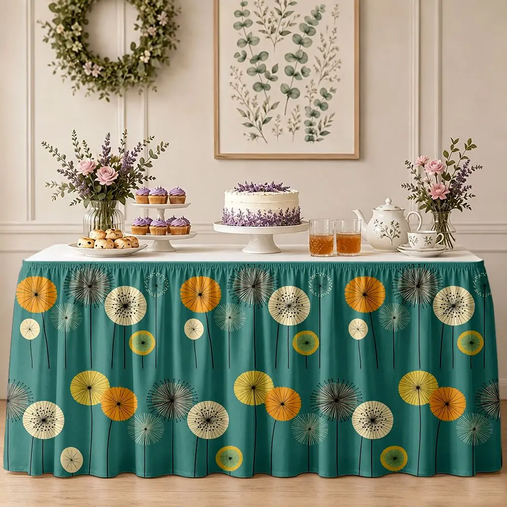 One-piece party table skirt decoration - stylized dandelion flowers on a greenish-blue background - ruffled edge table