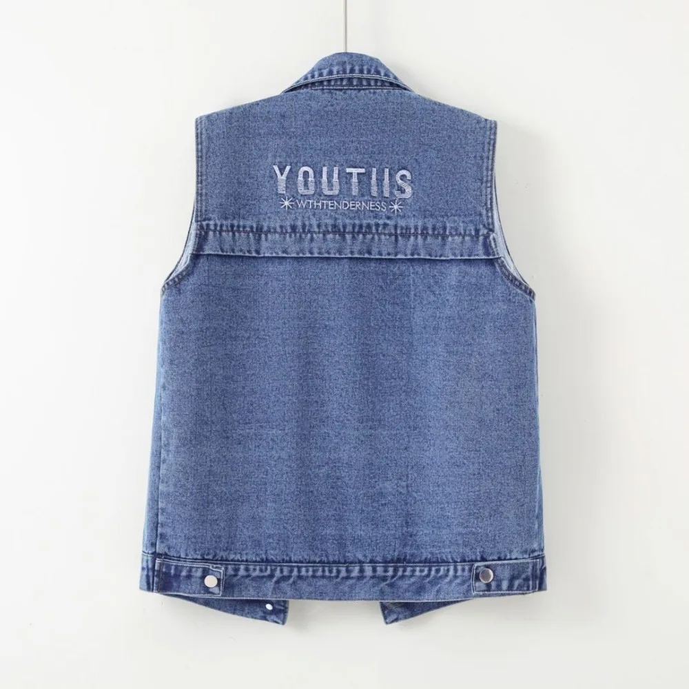Women's denim jacket casual autumn winter add plush denim vest large pocket vest short fashionable wearing outside large size