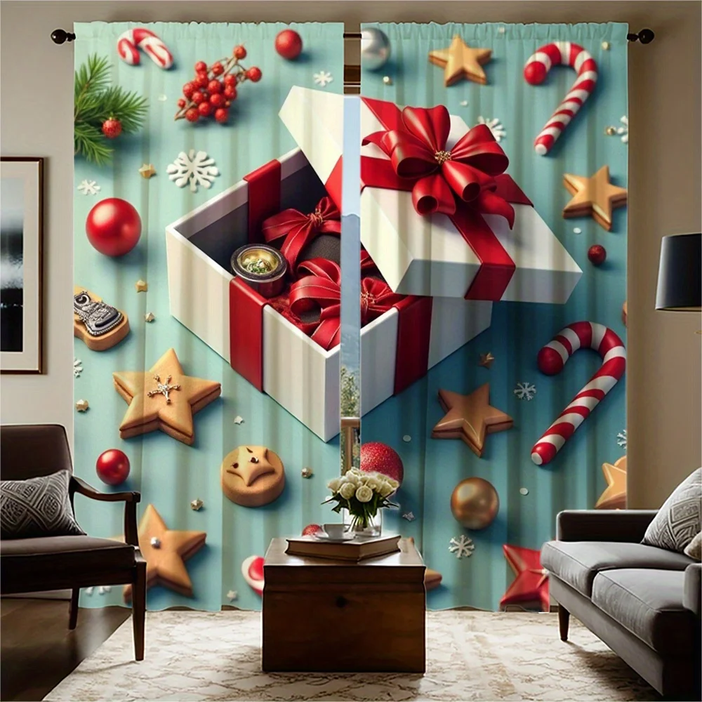 2pcs Christmas Curtains - Holiday Window Drapes with Gift Box, Candy canes, Snowflakes - Semi-Sheer Light Filtering Polyester Cu