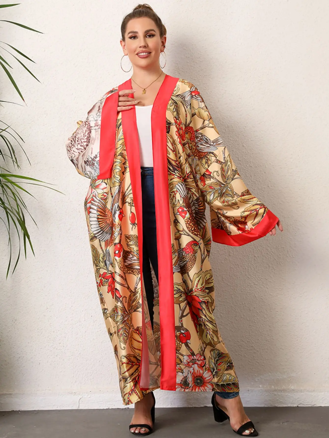 Plus rozmiar Boho Kimono damskie Plus tropikalny nadruk kontrastowe wiązanie z długim rękawem z przodu luźna Kimono plażowe