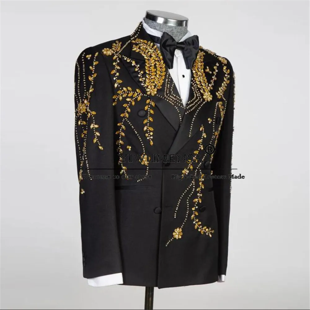 Metal Embellished Men Suits Exquisite Jewelry Ornament Tuxedo Double Breasted Prom Blazer Formal Party 2 Pieces Man Clothing