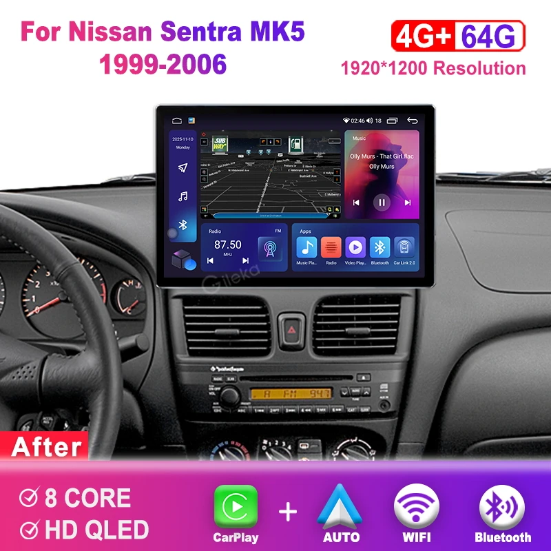 12.5 inch Screen Carplay Android For Nissan Sentra 1999-2006 Car Radio Auto Multimedia Player GPS WiFi Head Unit