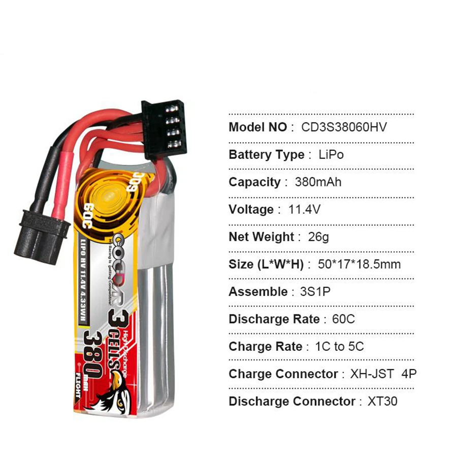 CD3S38060HV 3S 11.4V 60C 380mAh HV Toothpick Machine Airplane Model Rechargeable Lithium Battery