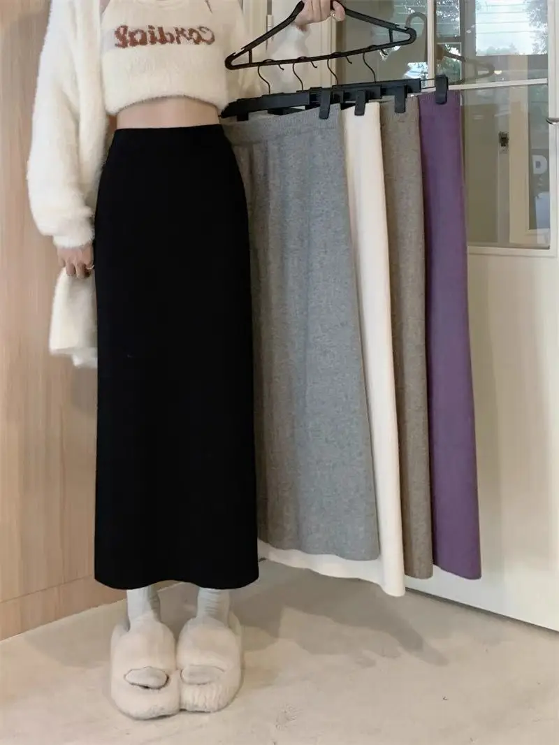 

Knitted Ankle-length Skirts Women Autumn Winter Fashion Tender Korean Style A-line Solid Casual Daily Simple All-match Female