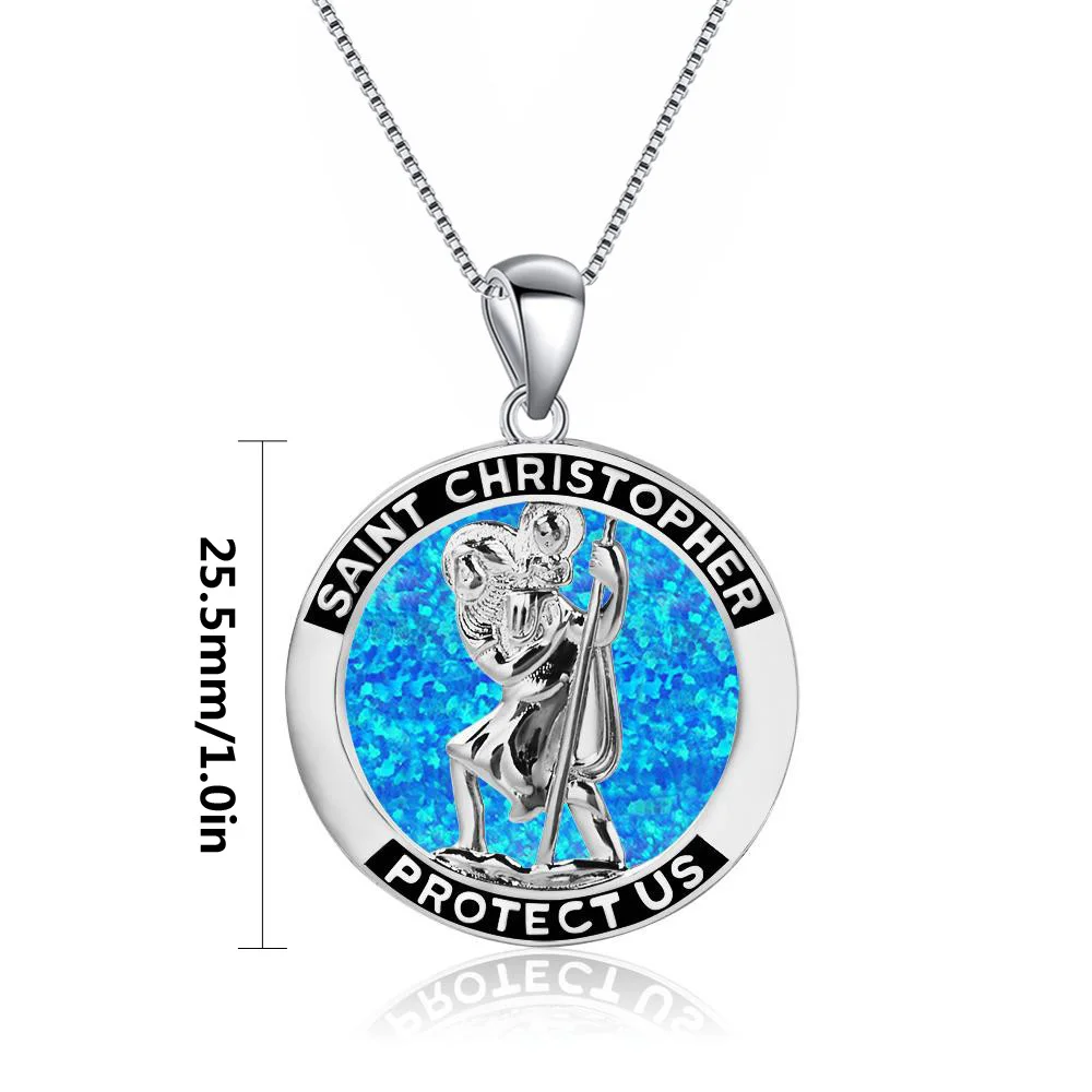 Vintage Saint Christopher Pendant,Detailed Relief Medal with Blue Background,Religious Necklace for Men Women,Catholic Gift Idea
