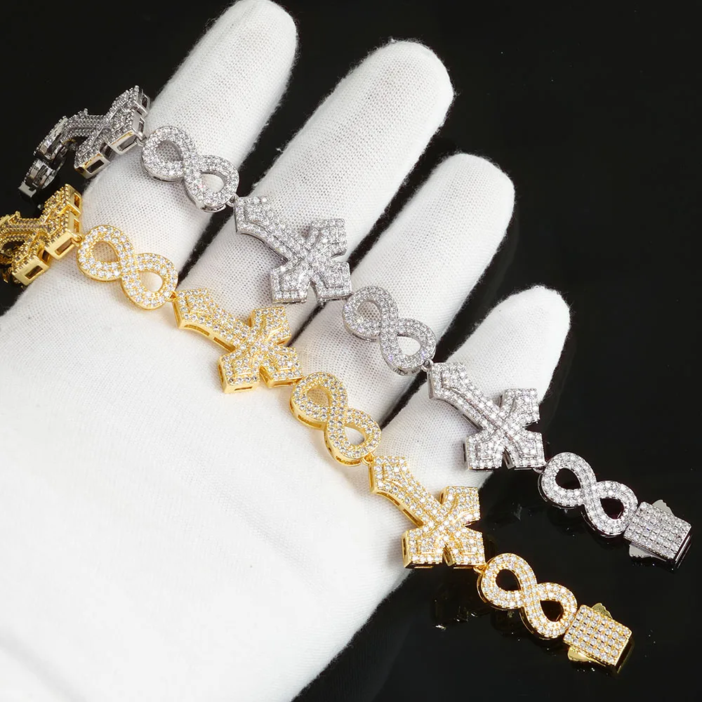 ESKEEM Luxury 8MM Iced Out Diamond Chain Bracelet Gold Plated Cross 8-Character Infinite Design Bling Zircon Fine Jewelry