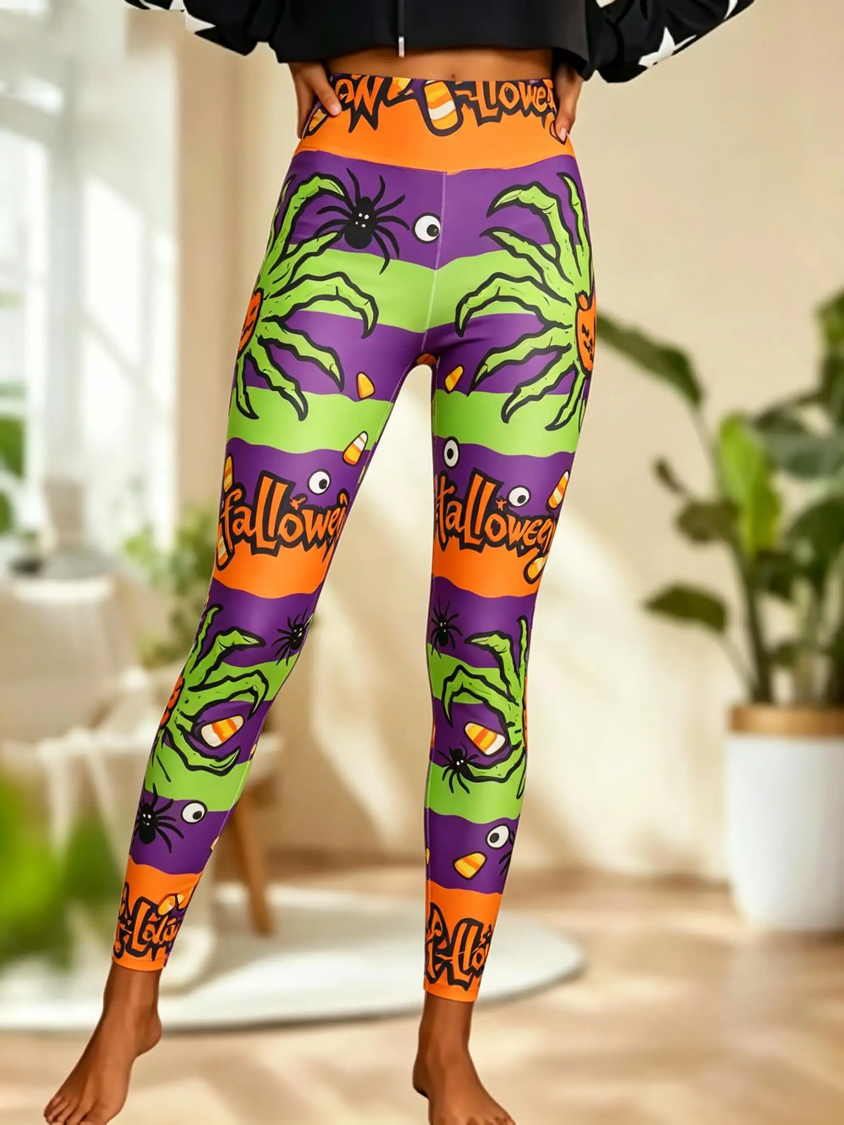 Women Fleece‑lined Mid‑rise Leggings Neon Skeleton Hand Spider Pumpkin Candy Print Slim Stretch Halloween Casual Pants