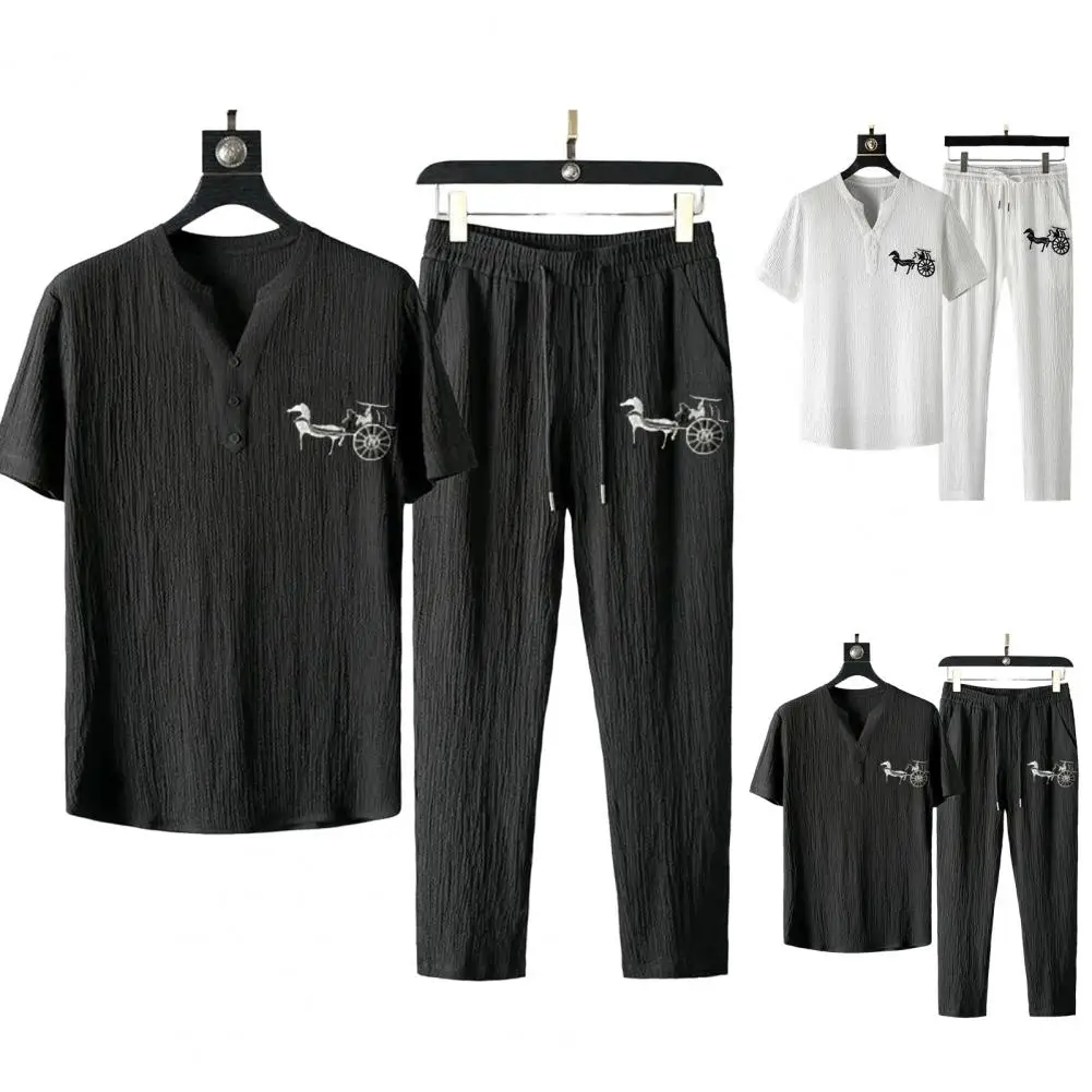 1 Set Popular Men Top Pants Male Men Outfit V Neck Buttons Neckline Lace-up Outfit  Drawstring