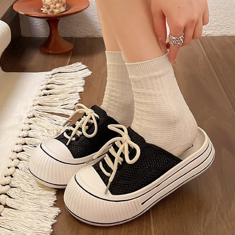 여성을위한 통기성 메쉬 레이스 업 여름 플랫폼 슬리퍼 홈 스트리트 신발 두꺼운 단독 한국 스타일 소녀 슬립 온 샌들