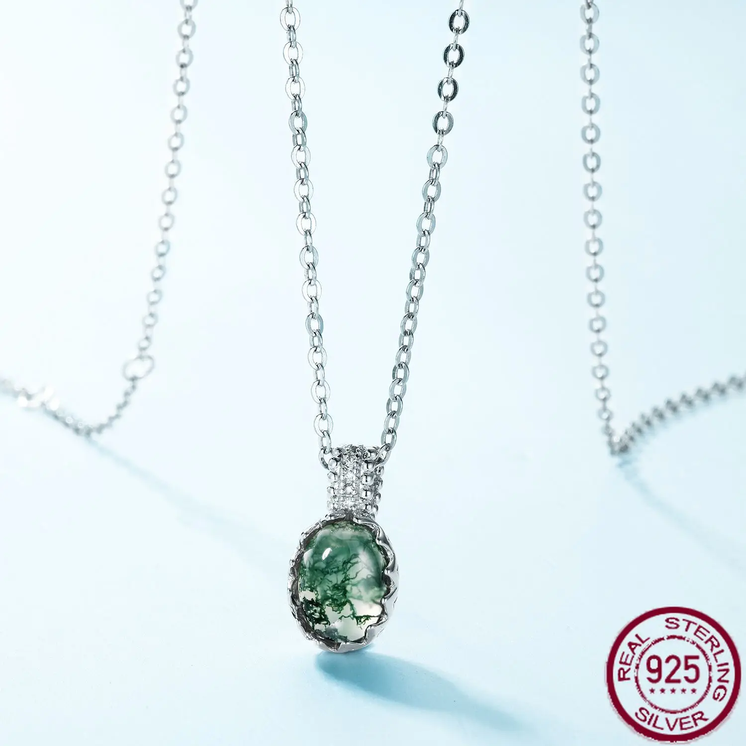 

New S925 Pure Silver Summer Egg Noodles Natural Water Grass Agate Green Moss Stone Pendant Simple Wedding Jewelry