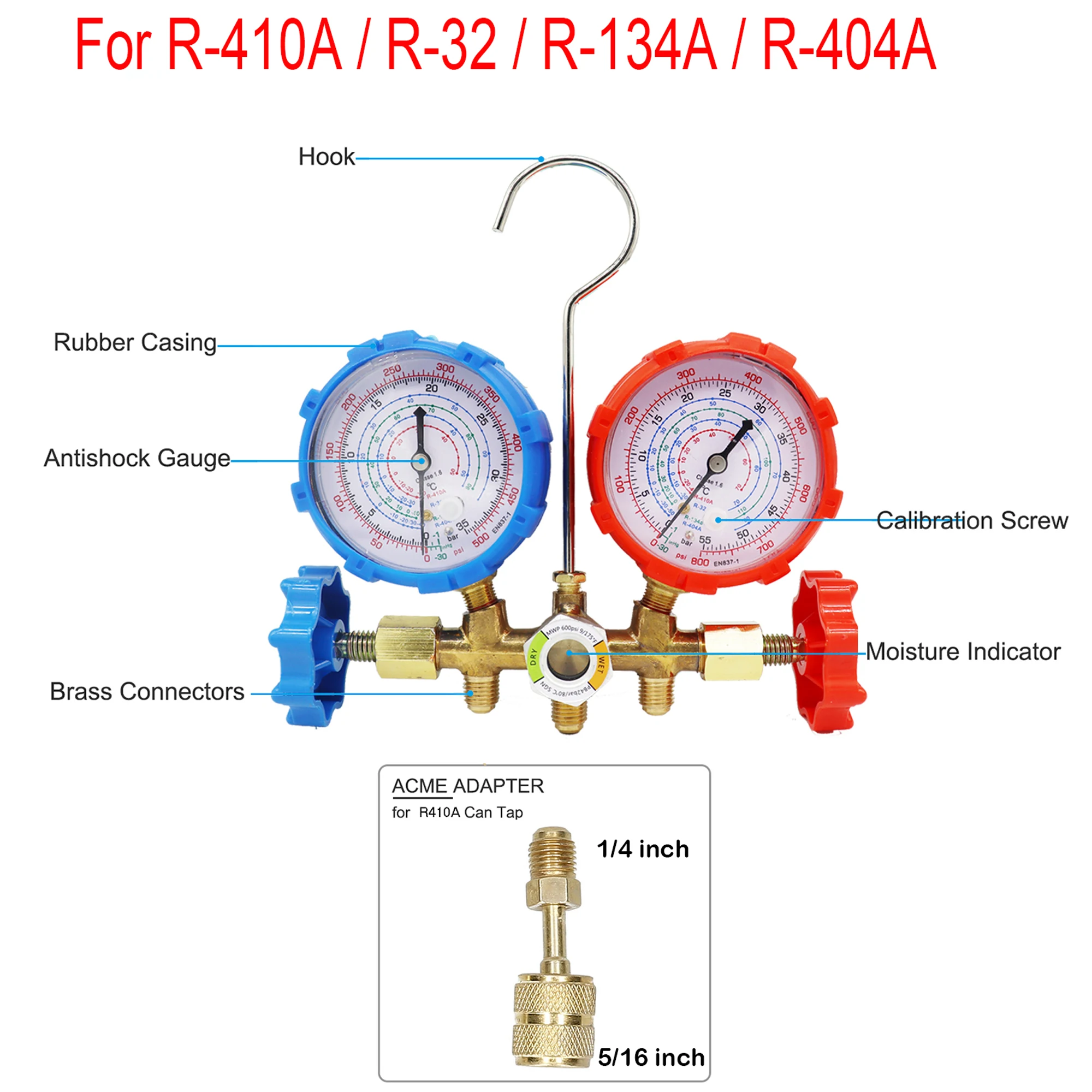 Juego de manómetros de colector de CA de 3 vías con mangueras para R410A/R32/R134a/R404A – Kit de herramientas de diagnóstico HVAC automotriz (3 modelos)