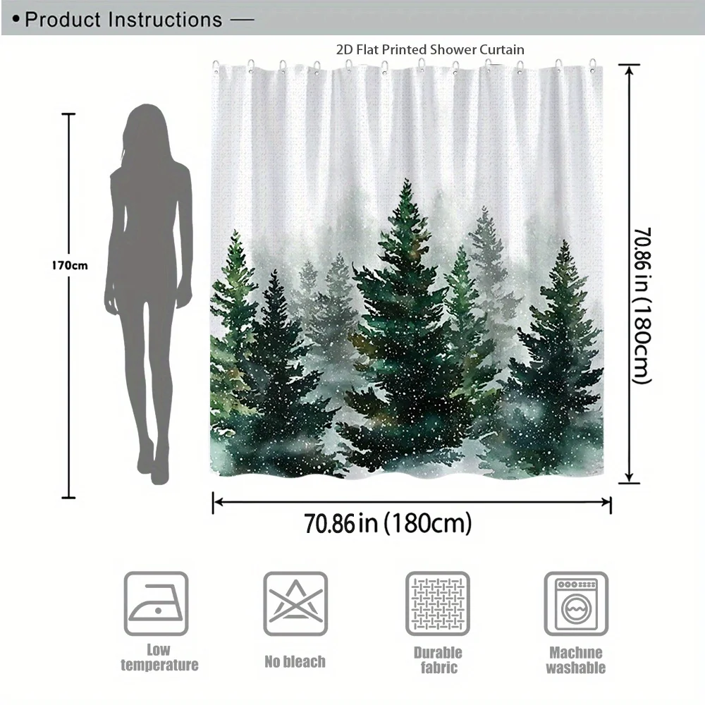 Winter Pine Tree Shower Curtain – Watercolor Forest Scene,  12 Hooks, Machine Washable, Cozy Nordic Bathroom Decor