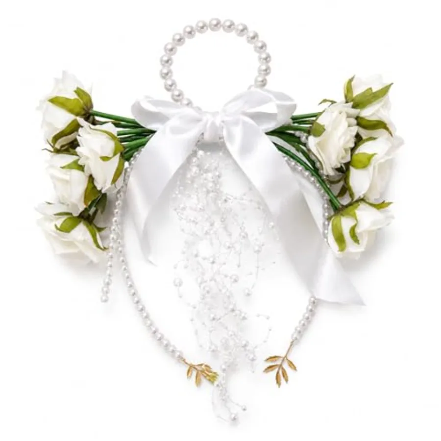 Artificial White Rose Bridal Bouquet Handbag with Pearl Handle for Wedding