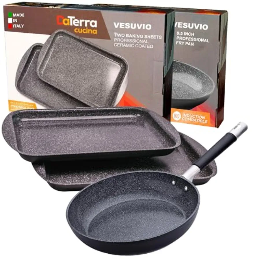 

Керамическая сковорода Cucina 9,5 дюйма с антипригарным покрытием и набор двойных листов для выпечки — защита от духовки, идеально подходит для жарки, сотения, запекания и выпечки, V