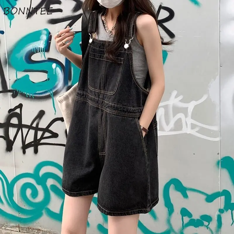 Denim Rompers Women Wide Leg Loose Korean Style Students Solid Summer Playsuits Leisure Trendy Pockets Streetwear All-match Soft