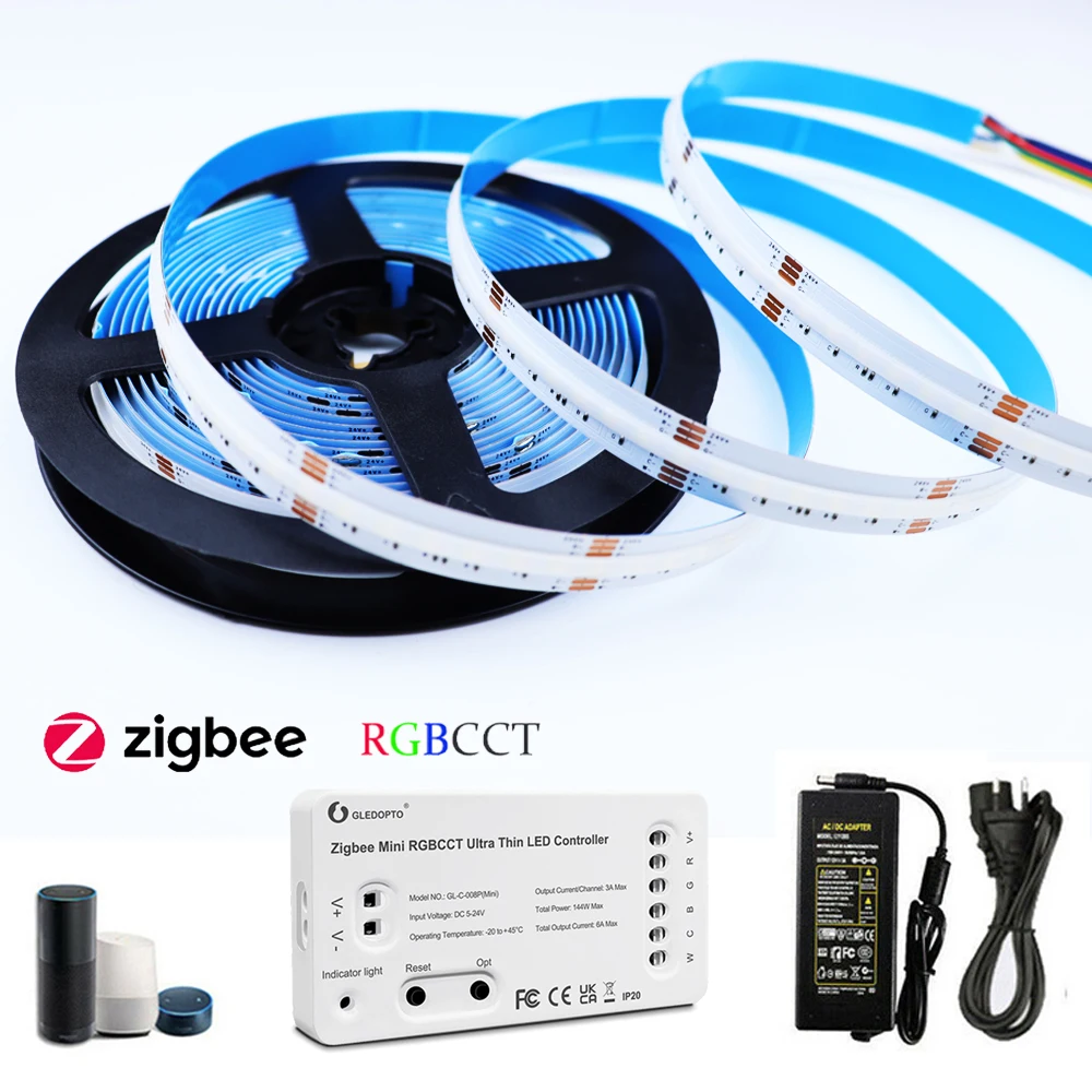 Gledopto Mini Zigbee 3.0 COB RGB+CCT RGBWW Led Strip Dimmable Light 24V Power 5M 10M APP Remote Voice Control for Alexa Google