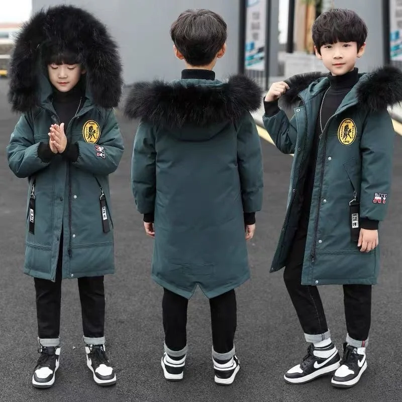 

New Winter Thick Hooded Jacket Boys Fur Collar Parka Snowsuit Coats Mid-Length Warm Cold Protection Down Cotton Clothes