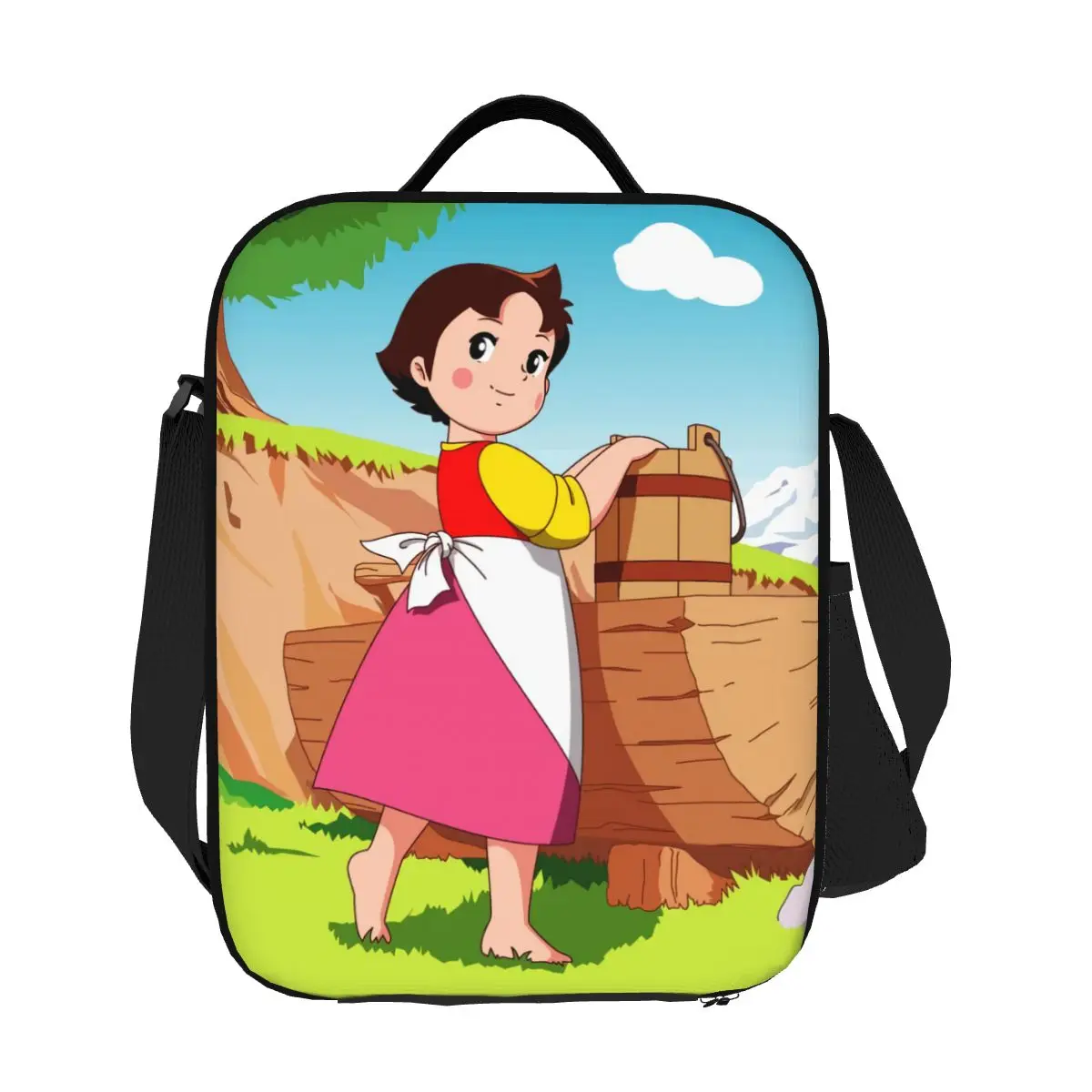 

Custom Alps Mountain Girl Happy Heidi Insulated Lunch Bag for Camping Travel Portable Cooler Thermal Bento Box Women Kids