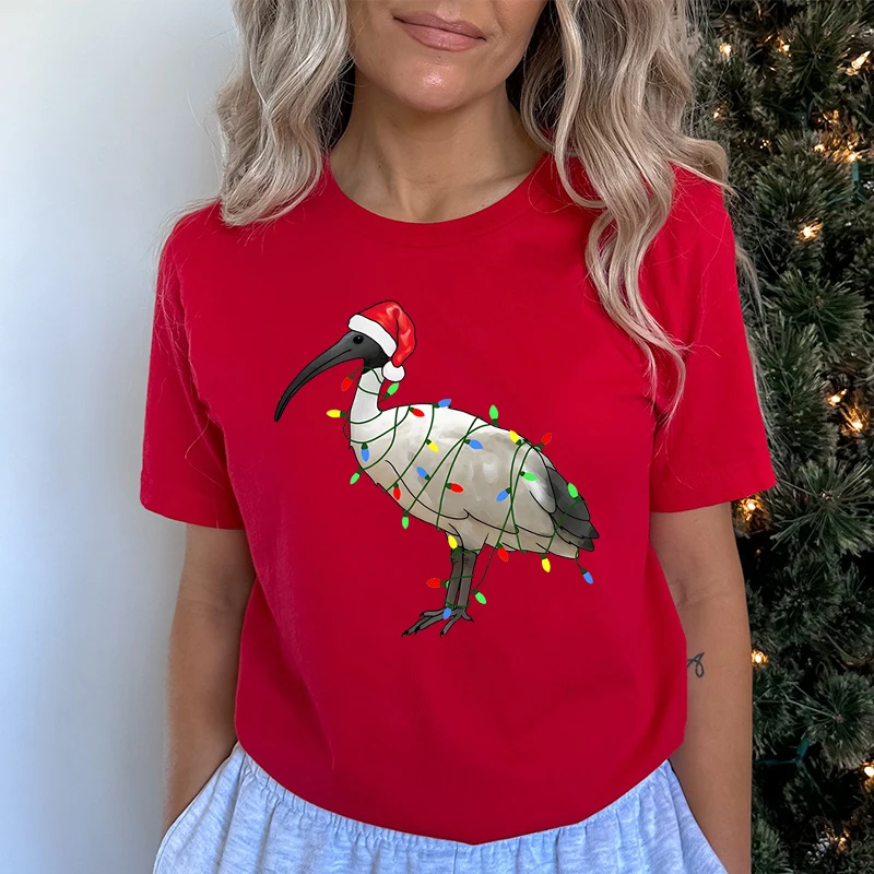 Womens Christmas T-shirt Festive Bin Chicken Graphic Print Tees Trendy Christmas Chicken Printed Women Fashion Casual T-shirts