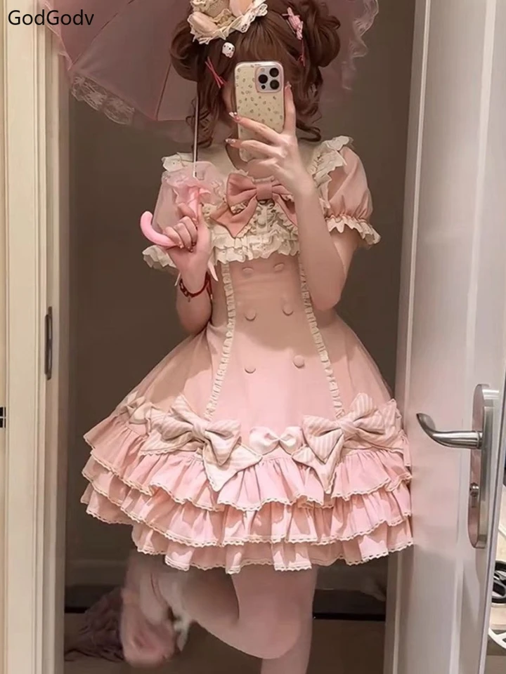 Vestido Lolita Dulce Japonés 2025 Kawaii para Mujer Primavera Estampado con Moño Falso Dos Piezas Estilo Coreano Diseño para Fiesta 4