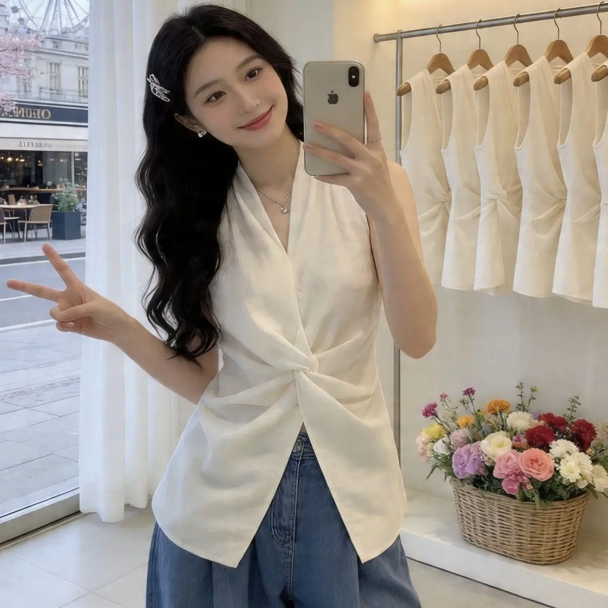 

Romantic V-Neck Knot Top Women's Slim Fit Shirt without Sleeves Belted Summer Fashionable Elegant White Shirt for Women