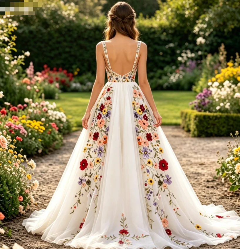 2026 Colorful Floral Wedding Dress Elegant Bohemian A Line Tulle Bridal Gowns Country Rustic Spaghetti Strap Curvy Vestio Novias