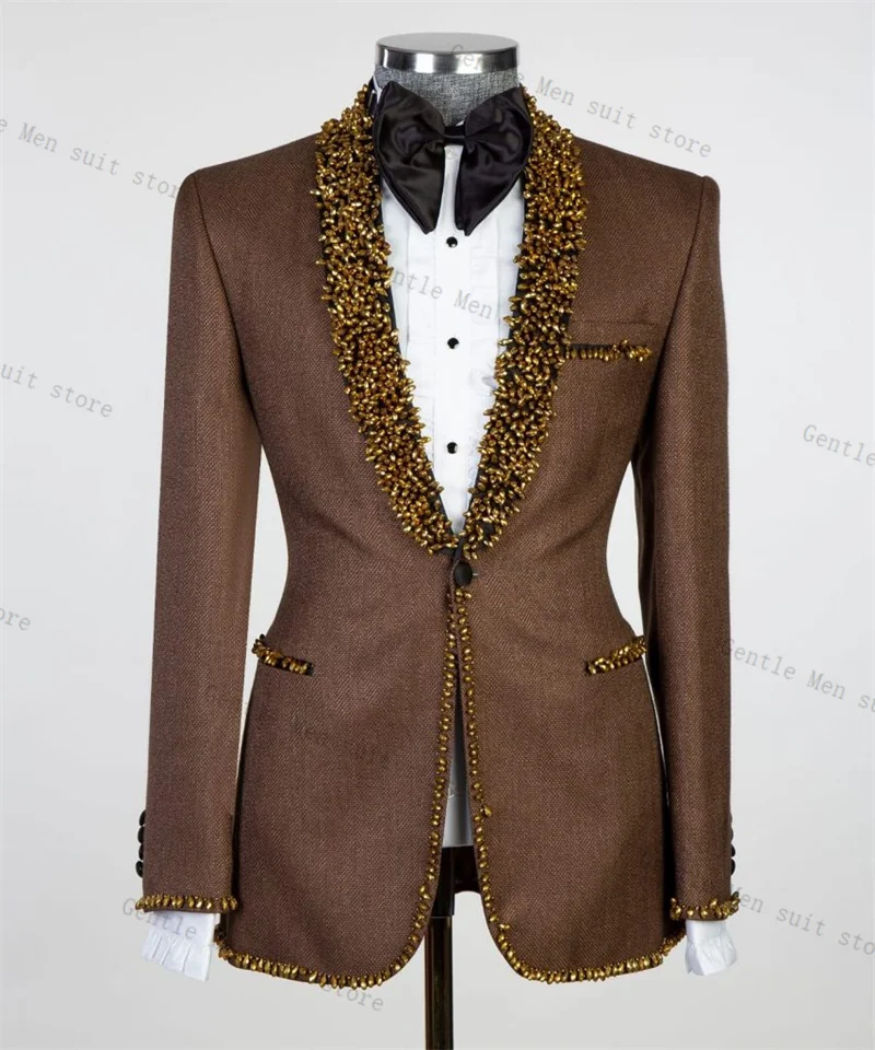 

Golden Crystals Men Suit Set 2 Pcs Brown Blazer+Black Pants Trousers Wedding Tuxedo Formal Office Jacket Prom Coat Customized
