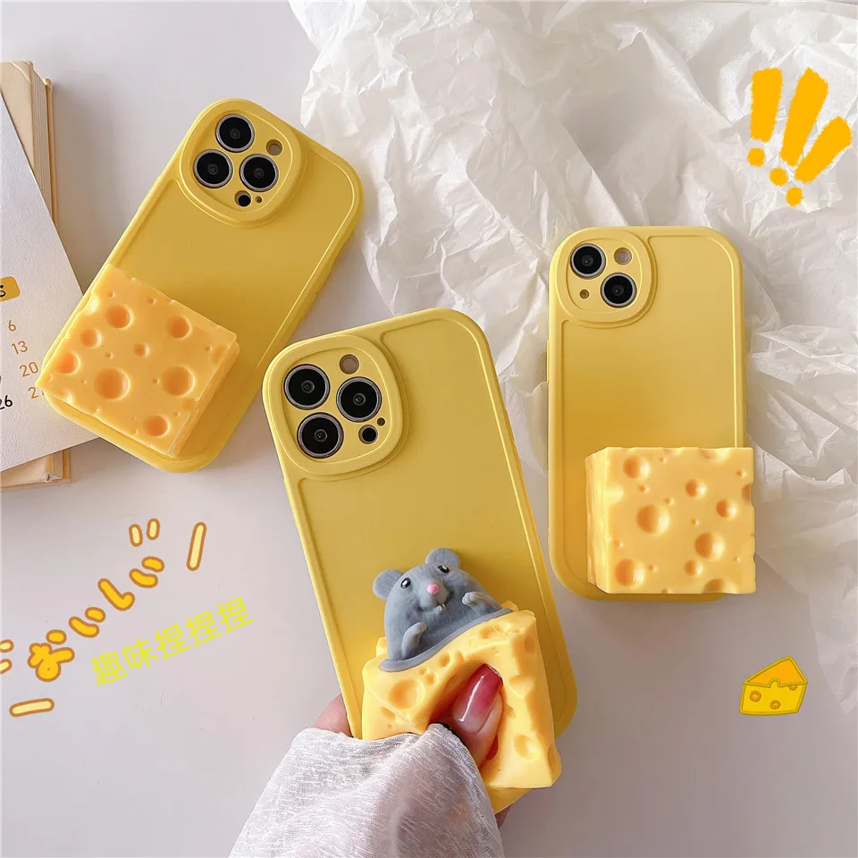 Cute Soft Squishy Yellow Cheese Mouse Phone Case For Iphone X XR XS 11 12 13 Pro Max 7 8 Plus Back Cover Coque Reliver Stress