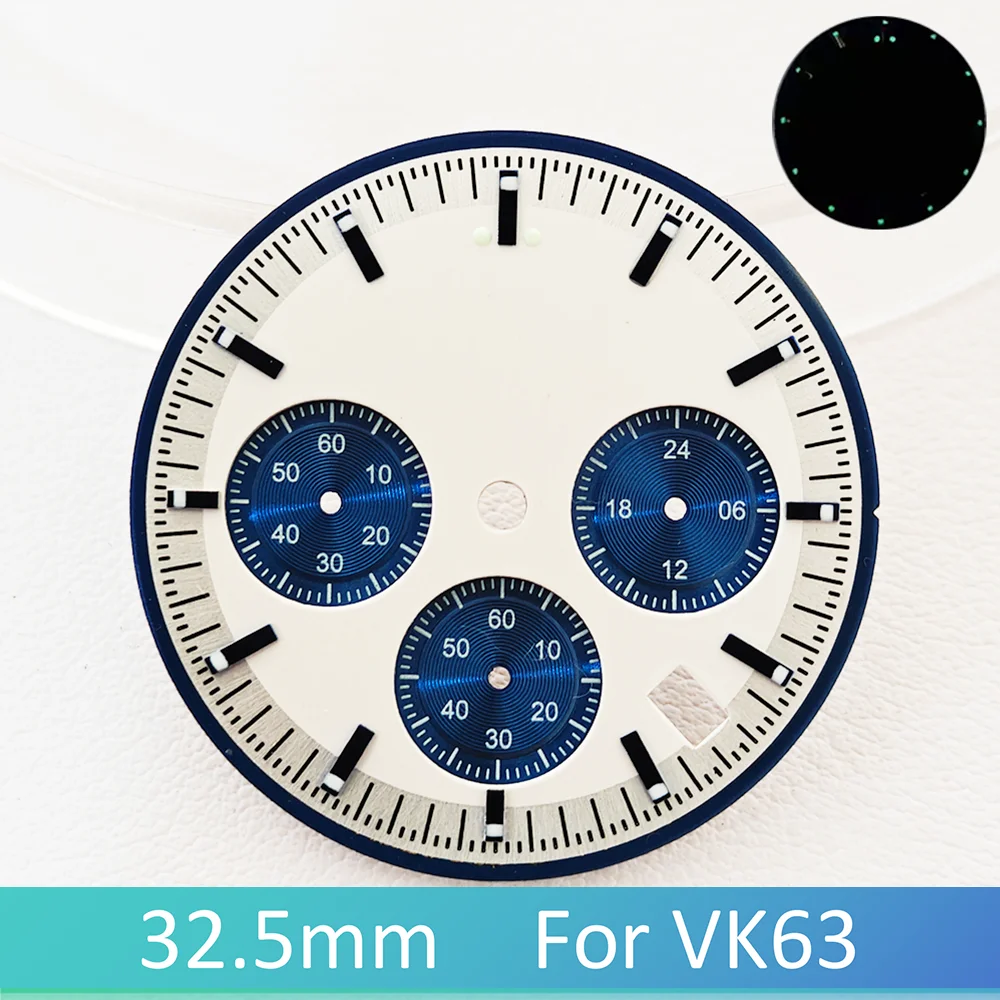32.5mm pour cadran VK63 C3 vert lumineux de haute qualité avec fenêtre de calendrier adapté au boîtier en verre de cristal minéral accessoire de montre