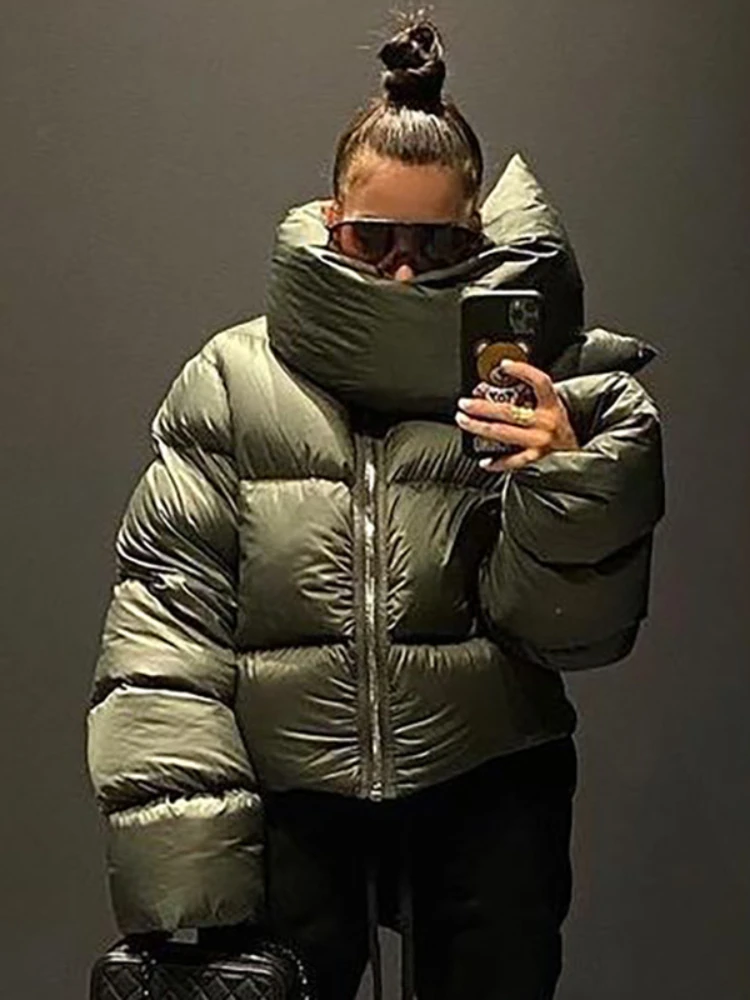 Übergroßen Mantel Frauen Winter Casual Jacke Weibliche Mode Zipper Schal Kragen Kurze Puffer Jacke Damen Grün Parka Streetwear