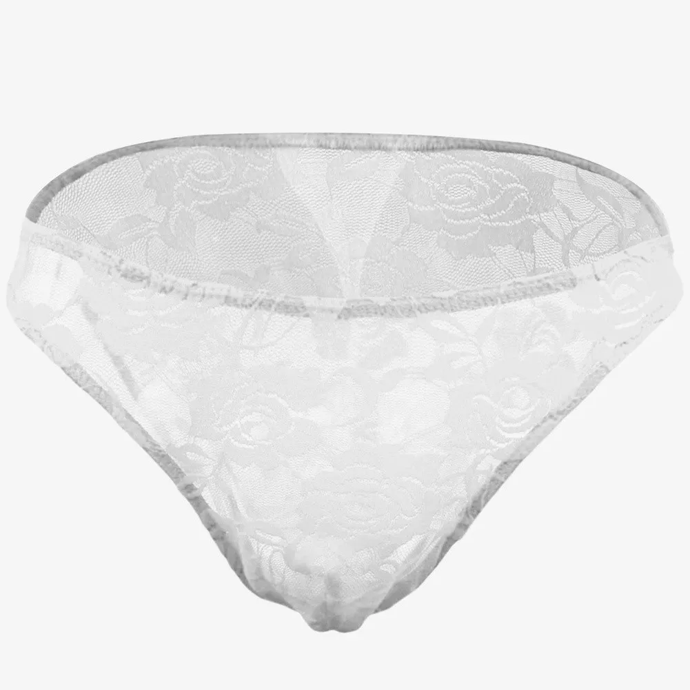 Men's Floral Lace See Through Briefs Bikini Low Rise Underwear Bulge Pouch Solid Thin See Through Mesh Romantic Panties