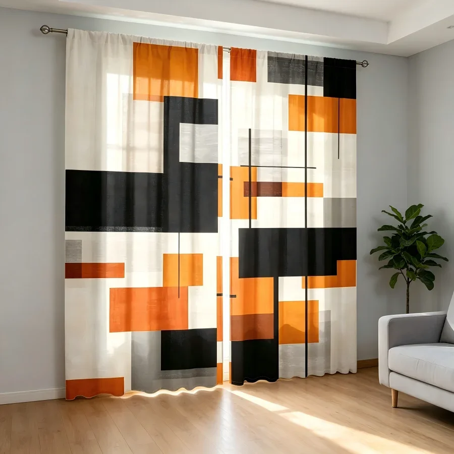 Modern Abstract Geometric Living Room Curtains Beige Orange Black Pattern Sheer Light Filtering Home Decor