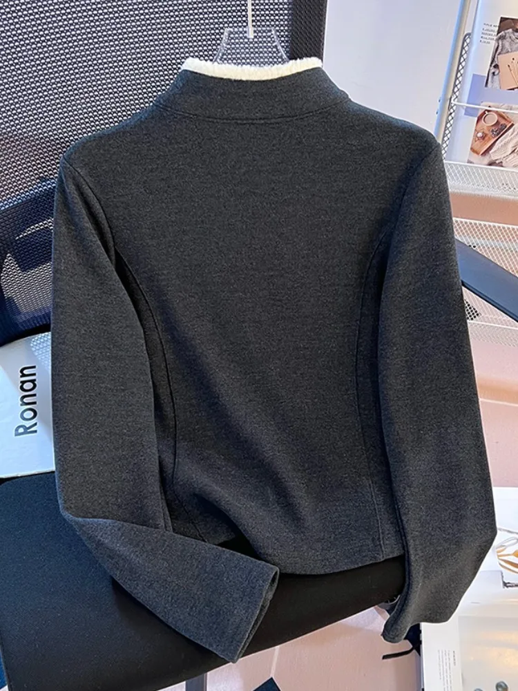 양털 스플라이스 스탠드 칼라 롱 스웨터 여성용 베이스 티셔츠 지퍼 클로저 슬림 핏 한국 스타일 겨울 신상품