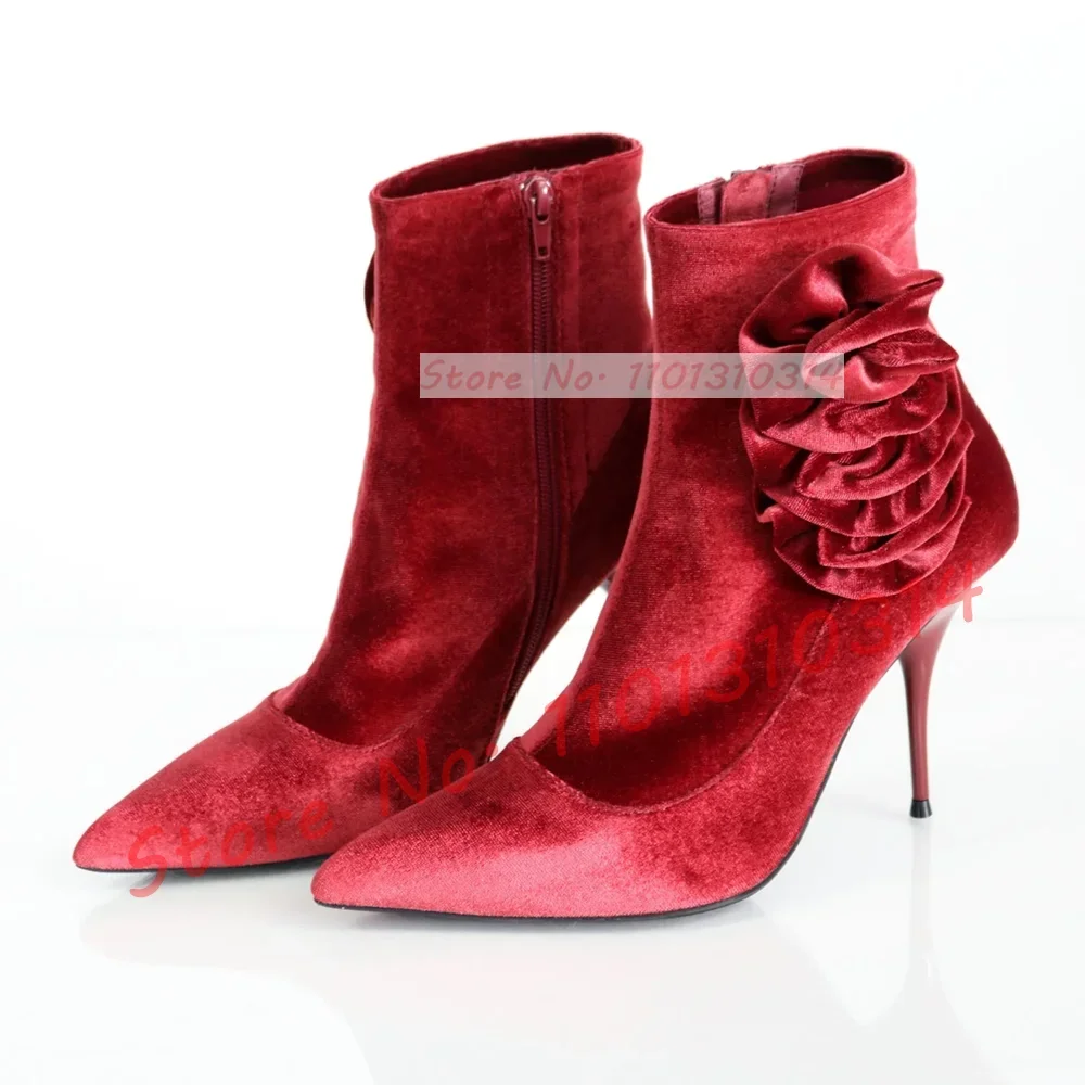 

Floral Accents Velvet Ankle Boots Women Elegant Point Toe Side Zipper High Heels Female Trendy Party Big Size Dress Booties