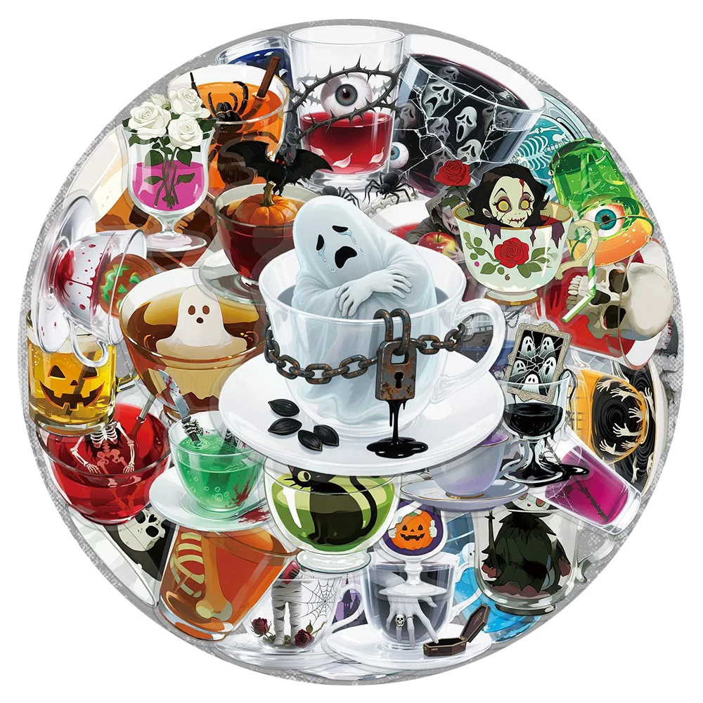 

10/30/50pcs Halloween Ghost Skull Tea Cup Stickers Cool Gothic Cartoon Sticker DIY Fridge Phone Suitcase Transparent Decals Pack