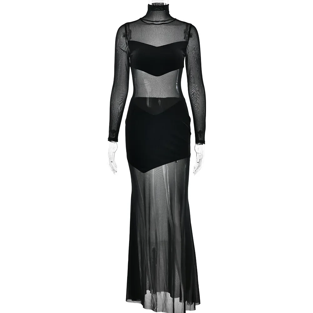 Laxsesu doorzichtige sexy maxi-jurk voor dames, zwarte mesh patchwork, pure bodycon met lange mouwen, elegante clubfeest lange jurk