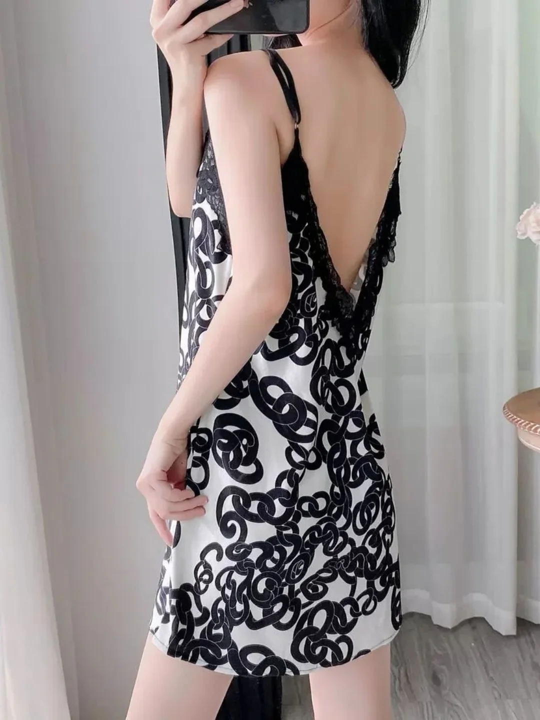 

Sexy Lace Trim Chemise Nightgown Women's plus Size Summer V-Neck Backless Print Home Clothes Sleeveless Short Dress