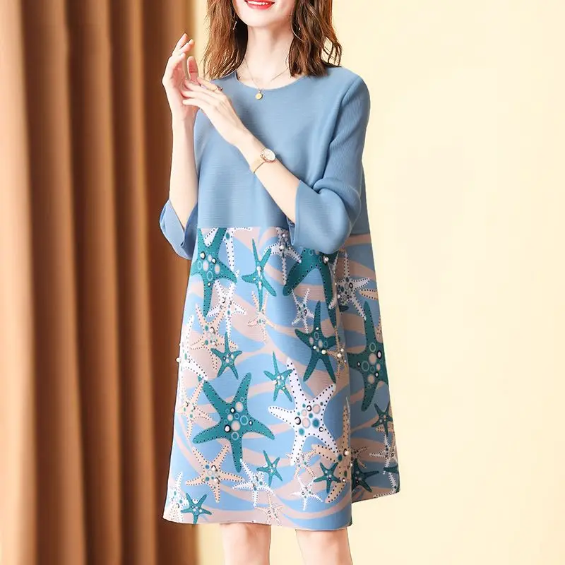 Stylish Casual Round Neck Midi Dress Women\'s Clothing Starfish Printing Spring Summer 3/4 Sleeve Spliced Loose A-Line Dresses