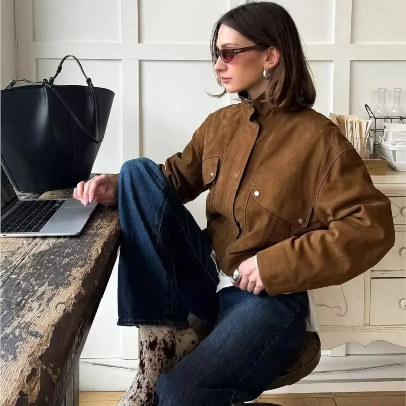 

Fashion Suede Bomber Jacket For Women Fashion Stand Collar Pocket Zipper Long Sleeve Jackets 2025 New Autumn Office Casual Coat