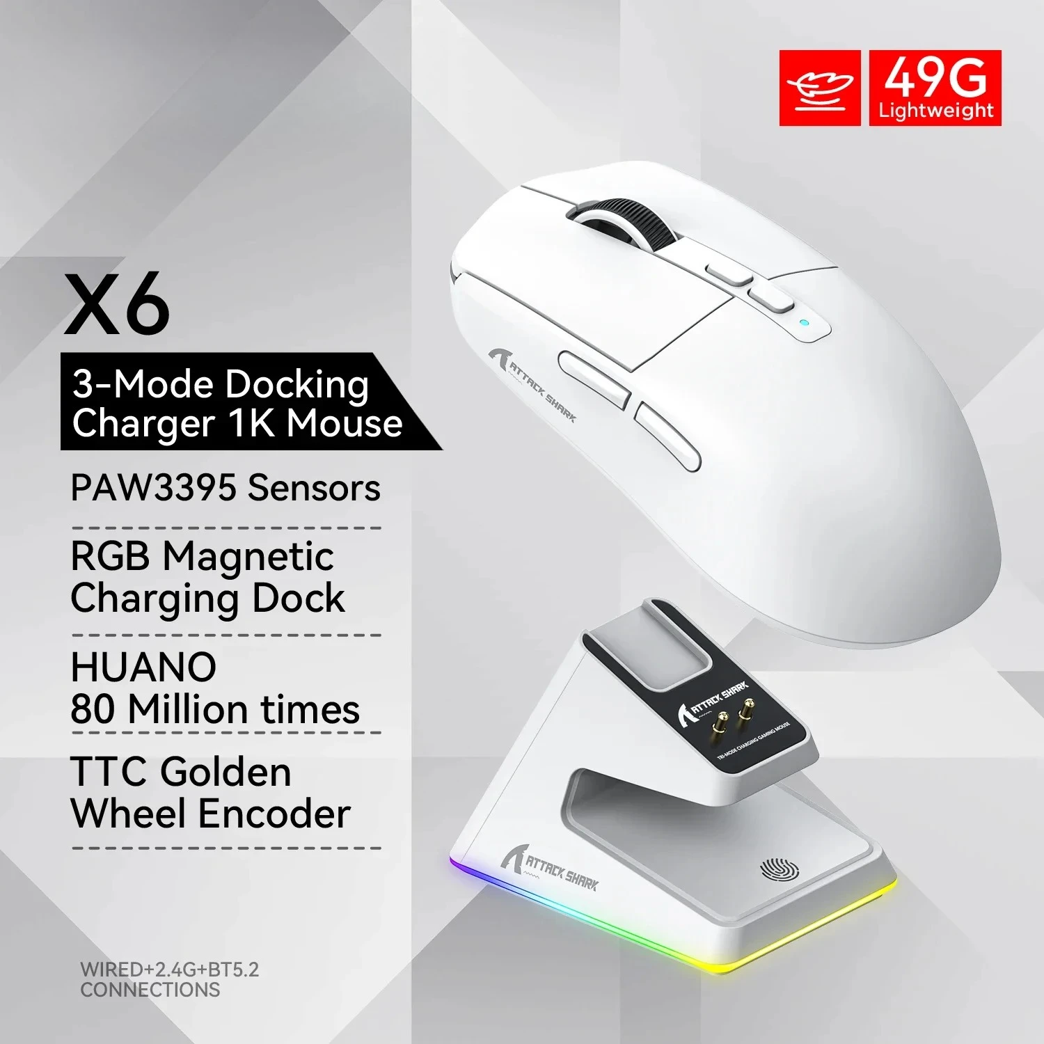 

X6 Mouse,PAW3395 Bluetooth Tri-Mode Connection,RGB Touch Magnetic Charging Base,Macro Gaming Mouse
