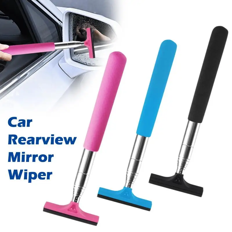 【F】1PC Stainless Steel Telescopic Car Rearview Mirror Wiper With Retractable Layered Brush Head Handheld Window Cleaning Tool