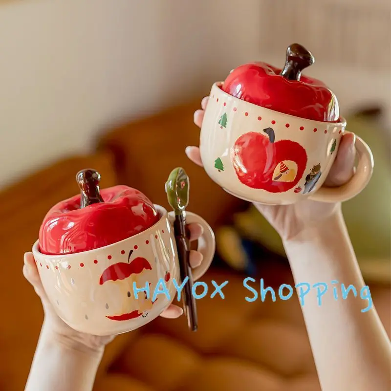 Christmas Apple Ceramic Cup, Vintage Girl\'s Apple Cup with Lid and Spoon Mug，Christmas Gift Coffee Couple Milk Breakfast Mugs