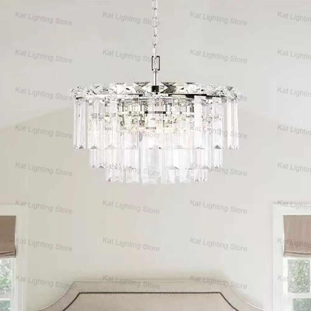 

American Design Crystal Chandelier with E12 Bulb Compatibility Adjustable Chain Round Pendant Lamp Dimmable Lustre Lighting